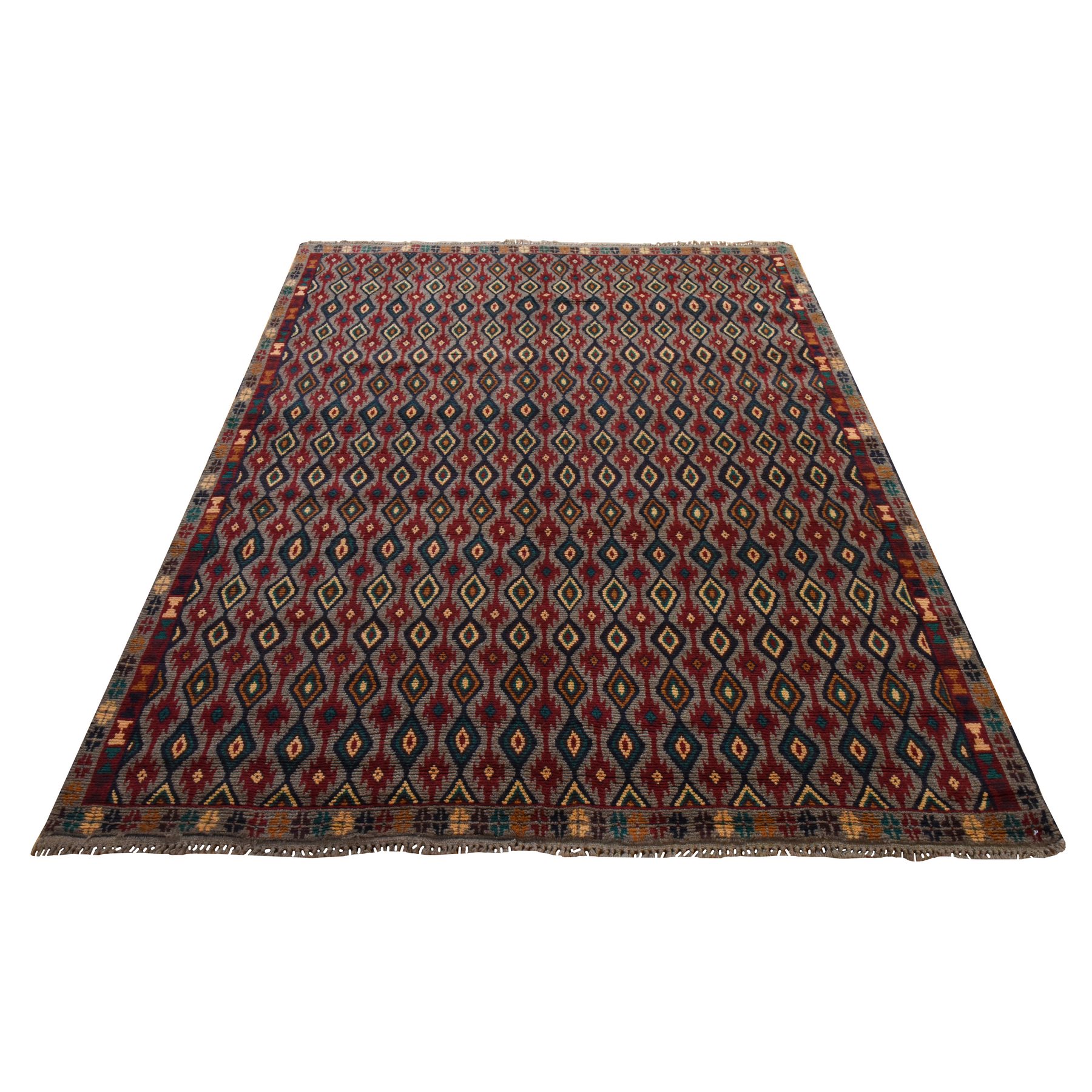 6'2"x7'3" Stone Gray, Colorful Afghan Baluch with Geometric Design, Hand Knotted, Pure Wool, Oriental Rug 